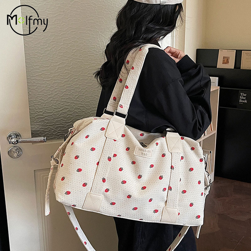 Sack Race Bag - 코듀로이 여행 토트백 대용량 딸기 여행